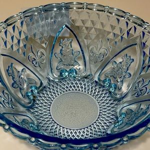 Vintage KIG Hearts Roses Diamonds Fleur De Lis 10" Blue Glass Bowl Indonesia.